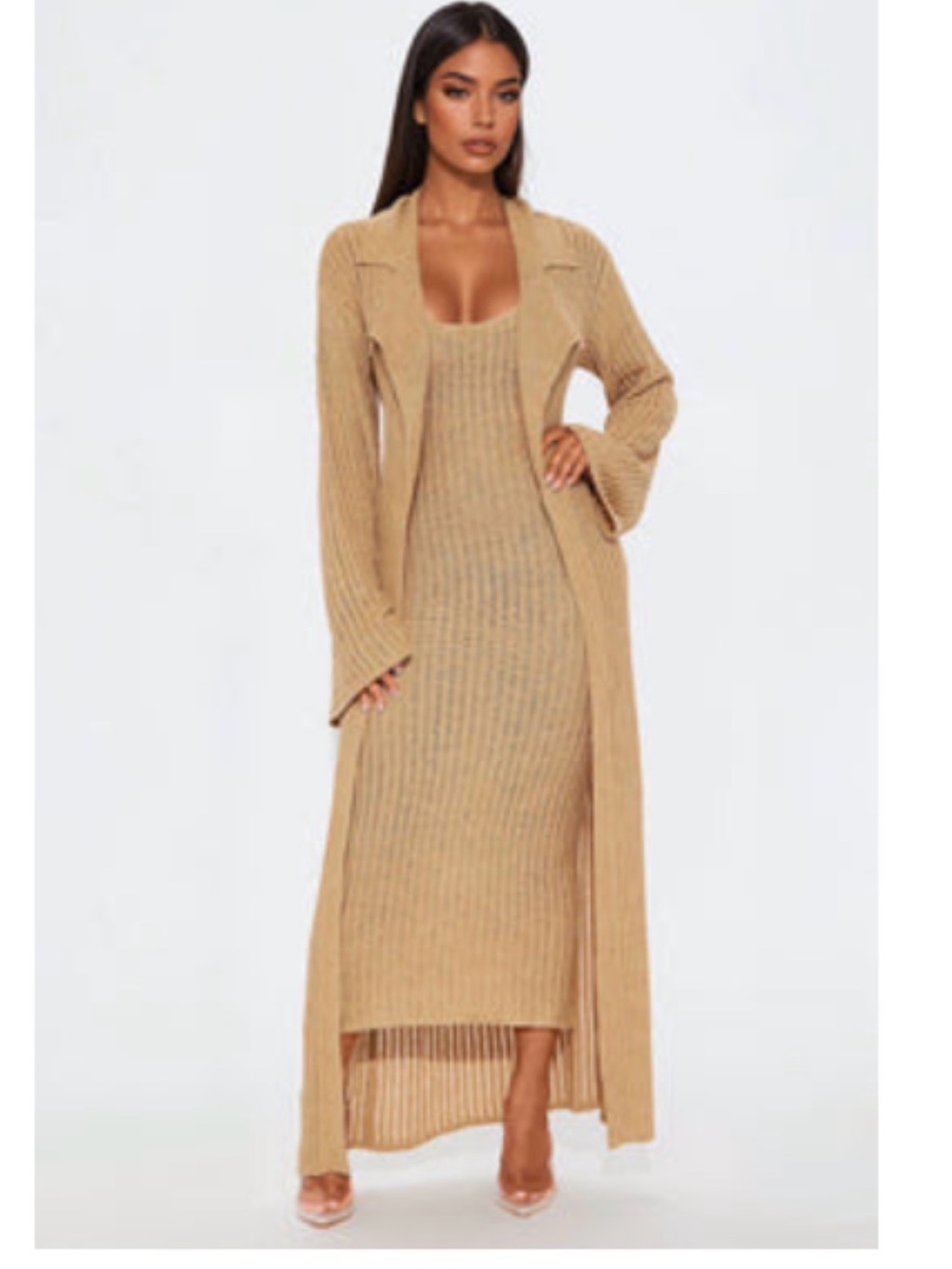 Fashion Nova Beige Ribbed Maxi Dress with Matching Duster